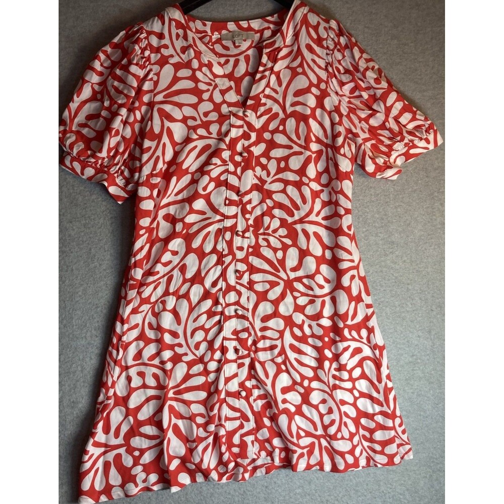 Loft Red Tropical Leaf Dress Sz L Flowy Vacation Puff Sleeve Knee Length Mini